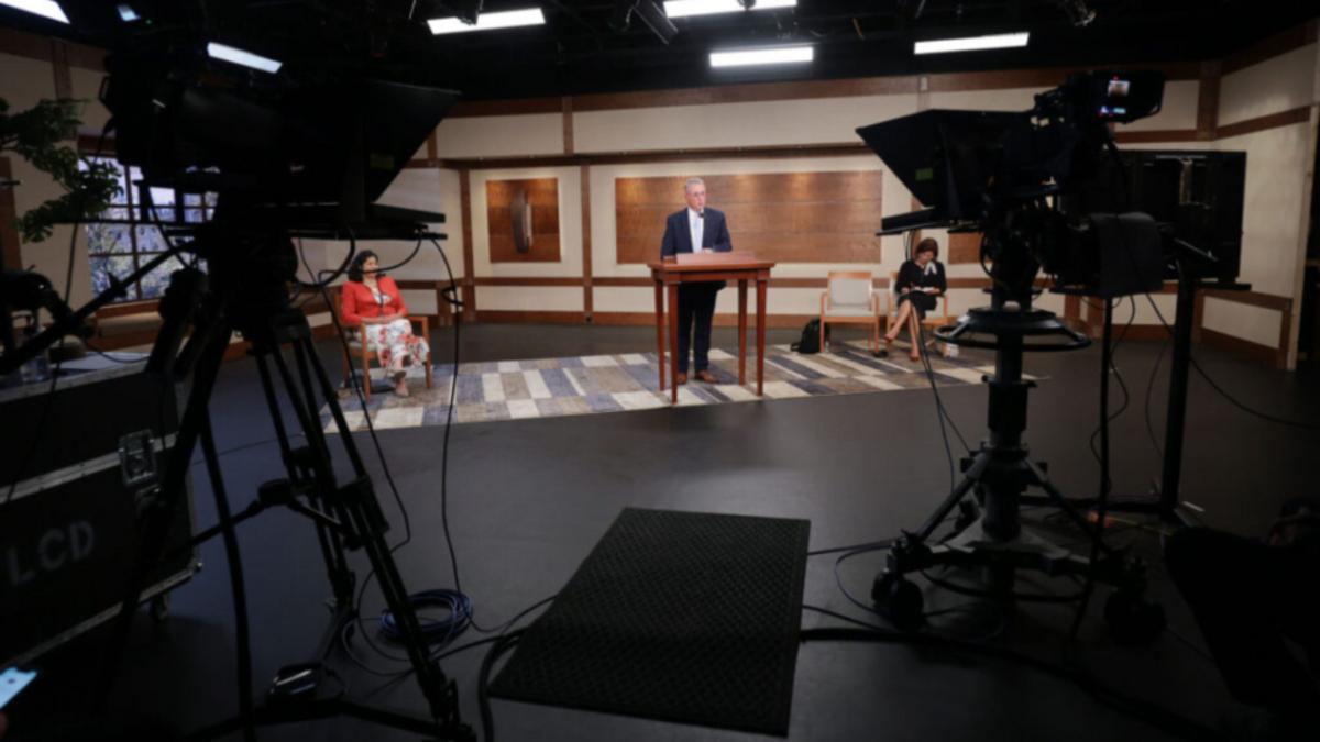 Elder Ulisses Soares of the Quorum of the Twelve Apostles and Sister Reyna I. Aburto, second counselor in the Relief Society general presidency, participate in a Caribbean Area French-language member devotional broadcast from the Church Office Building in Salt Lake City on Saturday, August 21, 2021. Photo by Jeffrey D. Allred, courtesy of Church News.